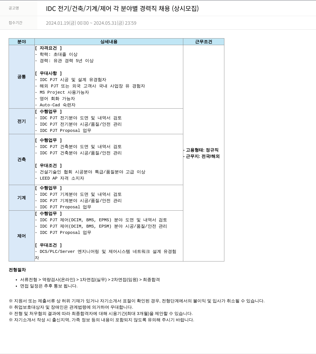 SKTNS IDC 전기 / 건축 / 기계 / 제어 각 분야별 경력직 채용 (상시 모집) 채용공고