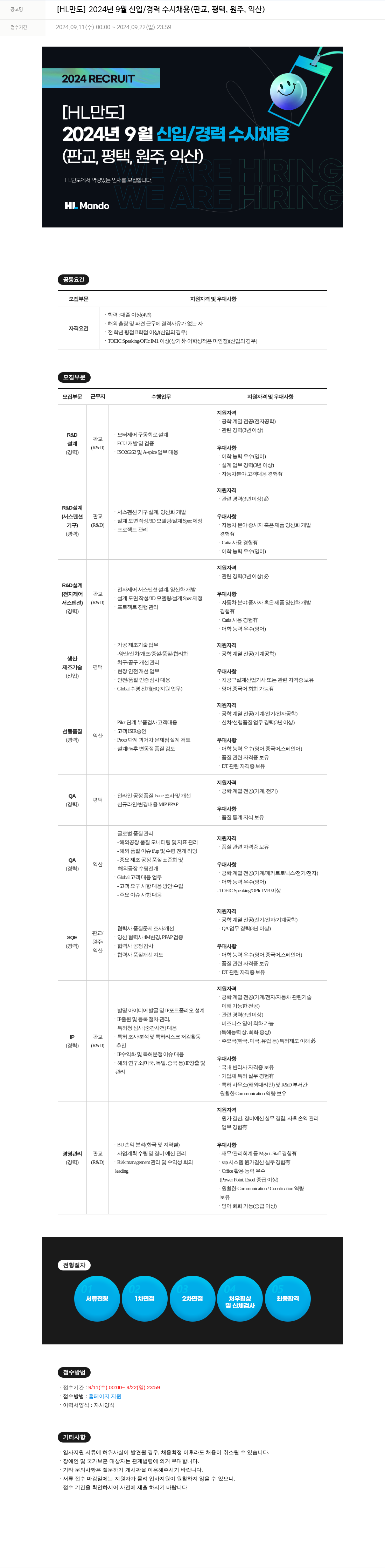 HL만도 2024년 9월 신입/경력 수시 채용 (판교, 평택, 원주, 익산) 채용공고