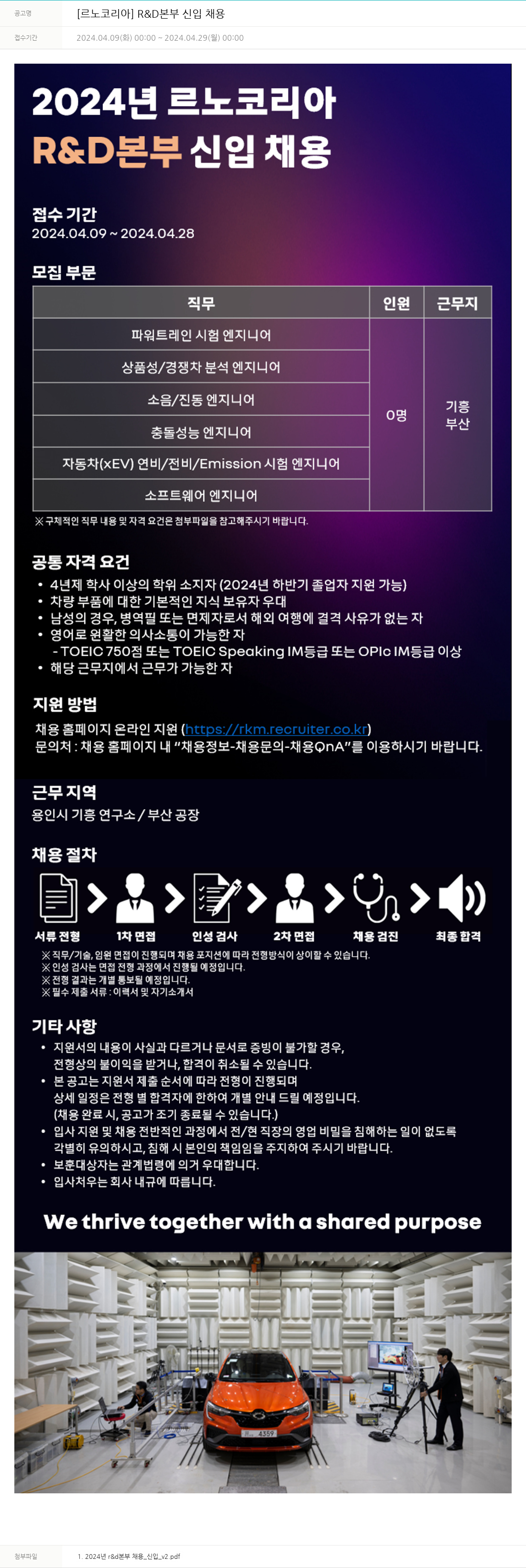 르노코리아 [르노 코리아] R & D 본부 신입 채용 채용공고