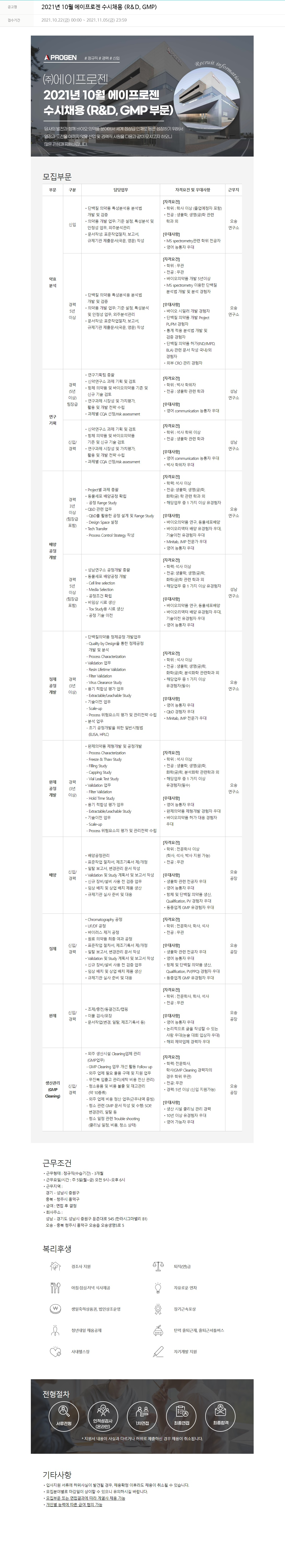에이프로젠 2021년 10월 에이프로젠 수시 채용 (R&D, GMP) 채용공고