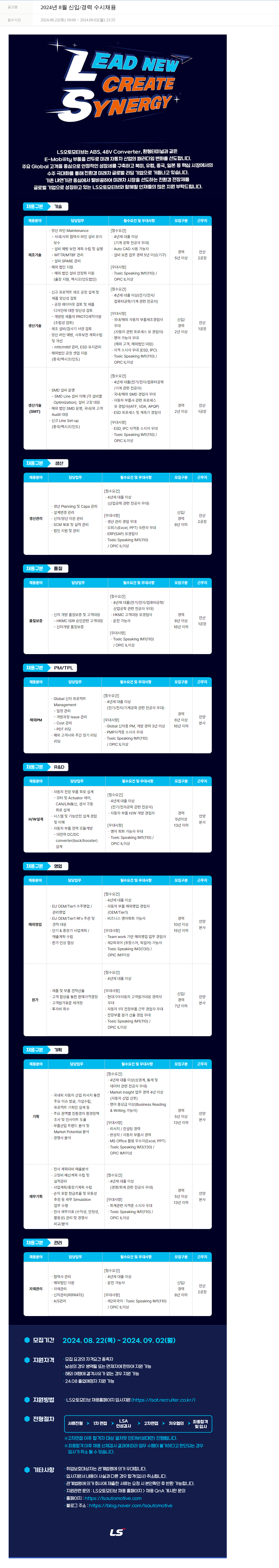 LS오토모티브테크놀로지스 2024년 8월 신입/경력 수시 채용 채용공고