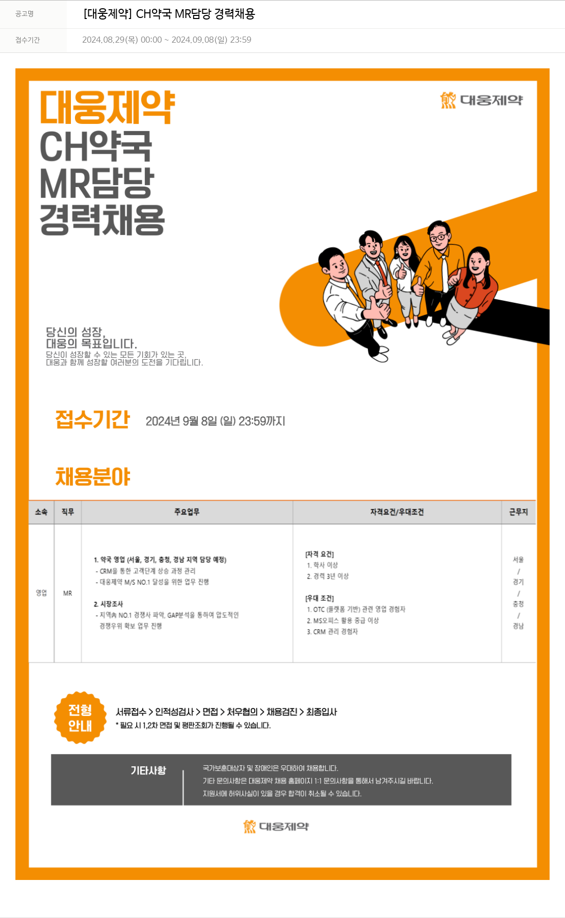 대웅제약 [대웅제약] CH 약국 MR 담당 경력 채용 채용공고