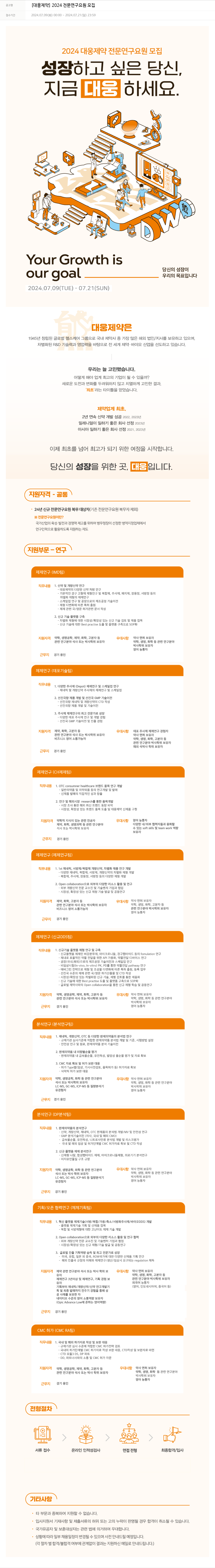 대웅제약 2024 전문 연구 요원 모집 채용공고