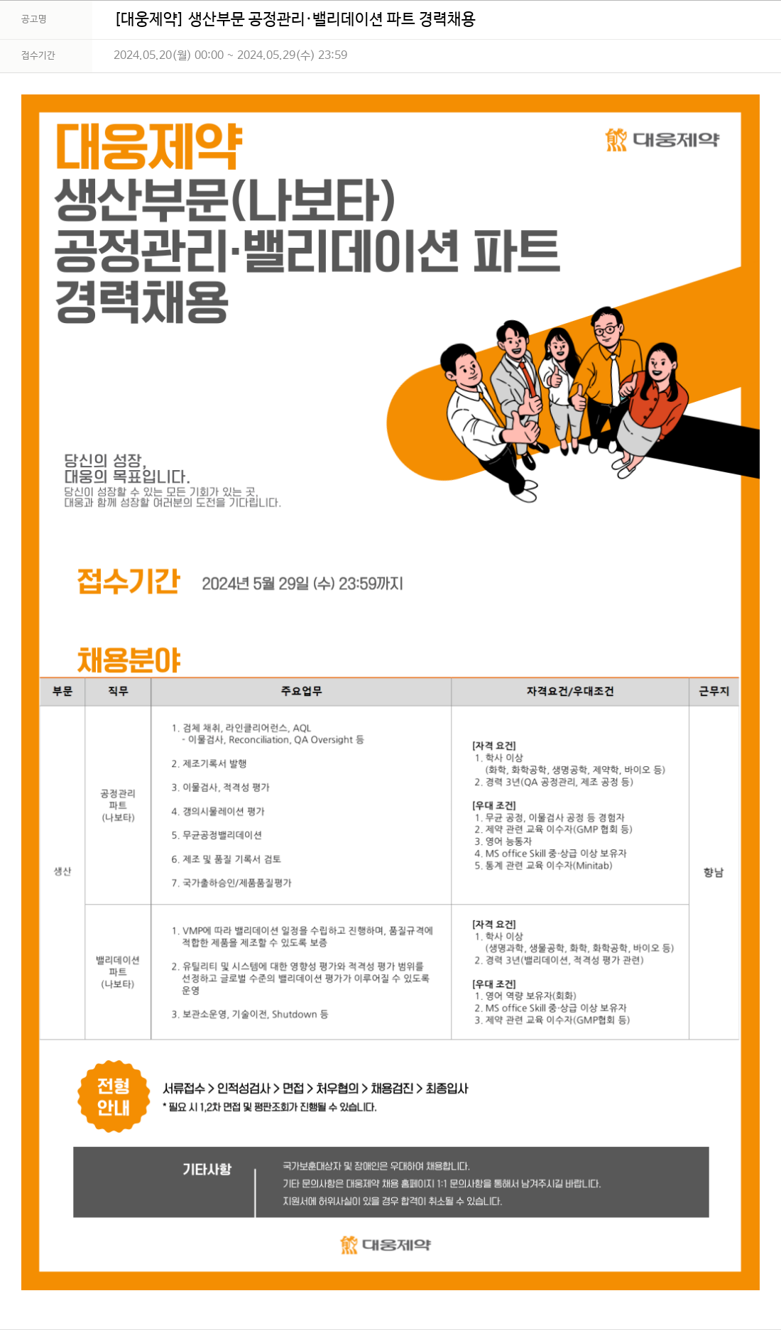 대웅제약 [대웅제약] 생산 부문 공정 관리 · 밸리데이션 파트 경력 채용 채용공고