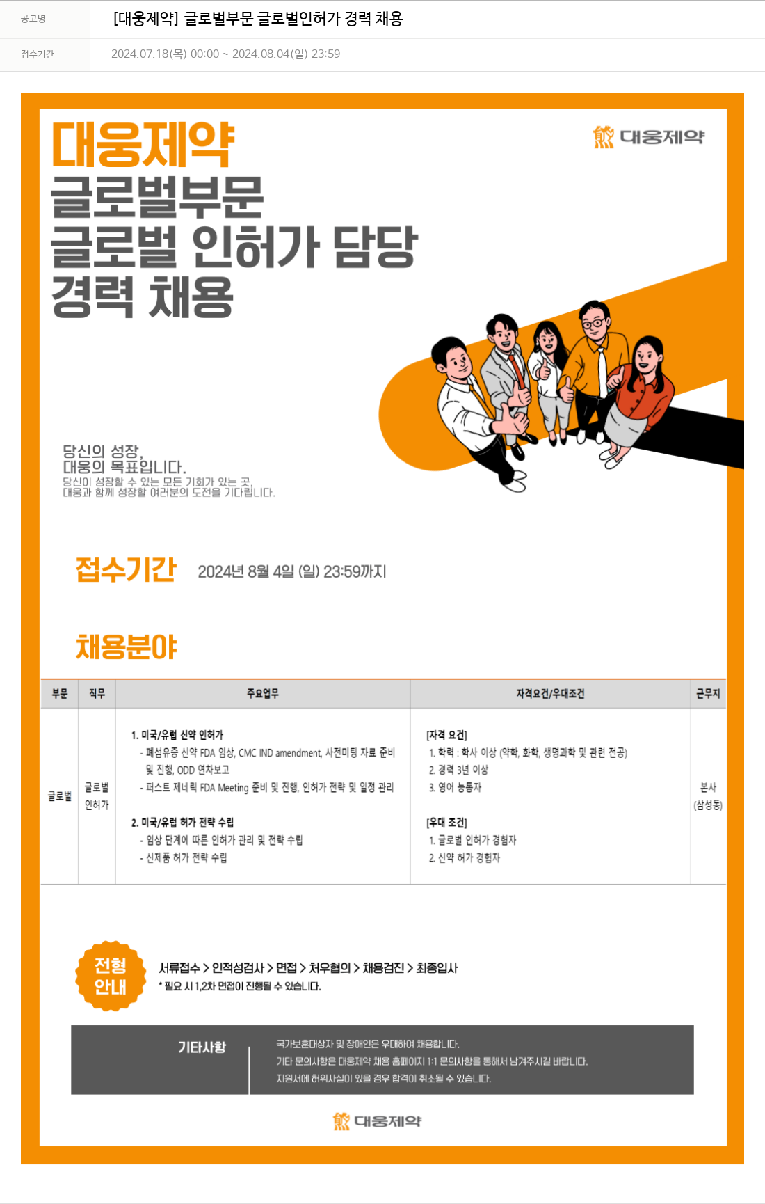 대웅제약 [대웅제약] 글로벌 부문 글로벌 인허가 경력 채용 채용공고