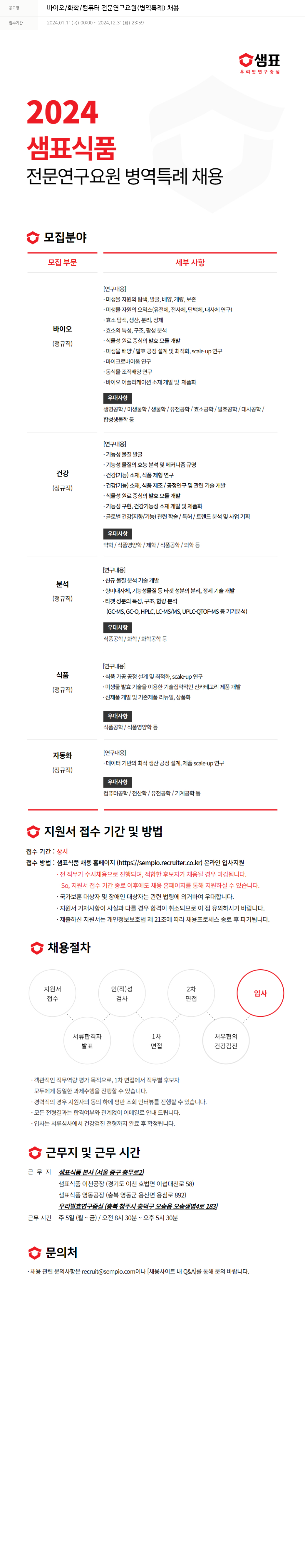 샘표식품 바이오 / 화학 / 컴퓨터 전문 연구 요원 (병역 특례) 채용 채용공고