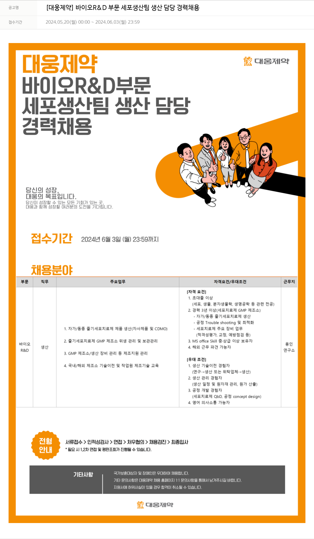 대웅제약 [대웅제약] 바이오 R&D 부문 세포 생산팀 생산 담당 경력 채용 채용공고