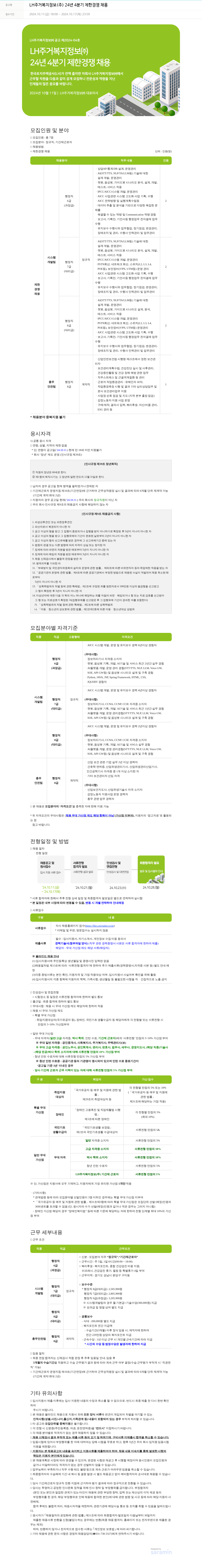 LH주거복지정보 24년 4분기 제한경쟁 채용 채용공고