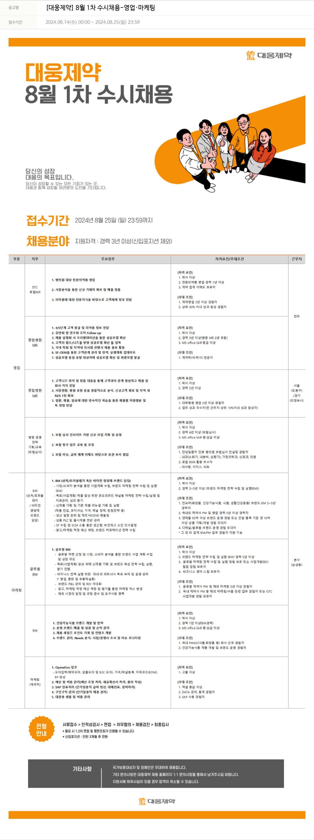 대웅제약 [대웅제약] 8월 1차 수시 채용 - 영업·마케팅 채용공고