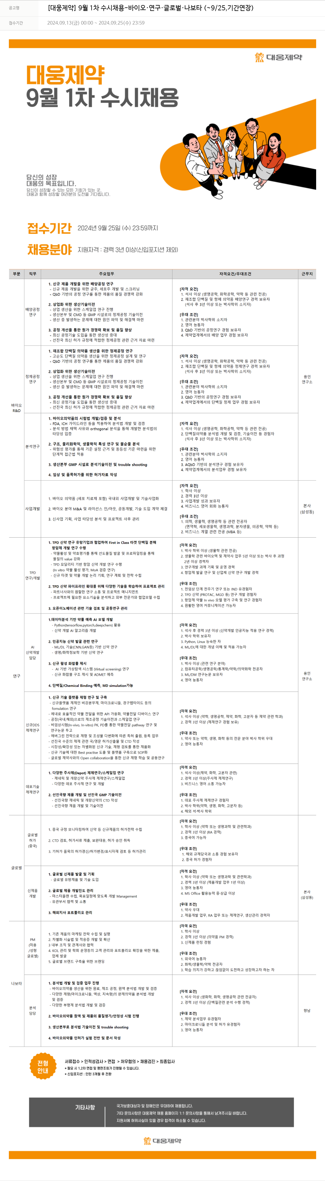 대웅제약 [대웅제약] 9월 1차 수시 채용 - 바이오·연구·글로벌·나보타 채용공고