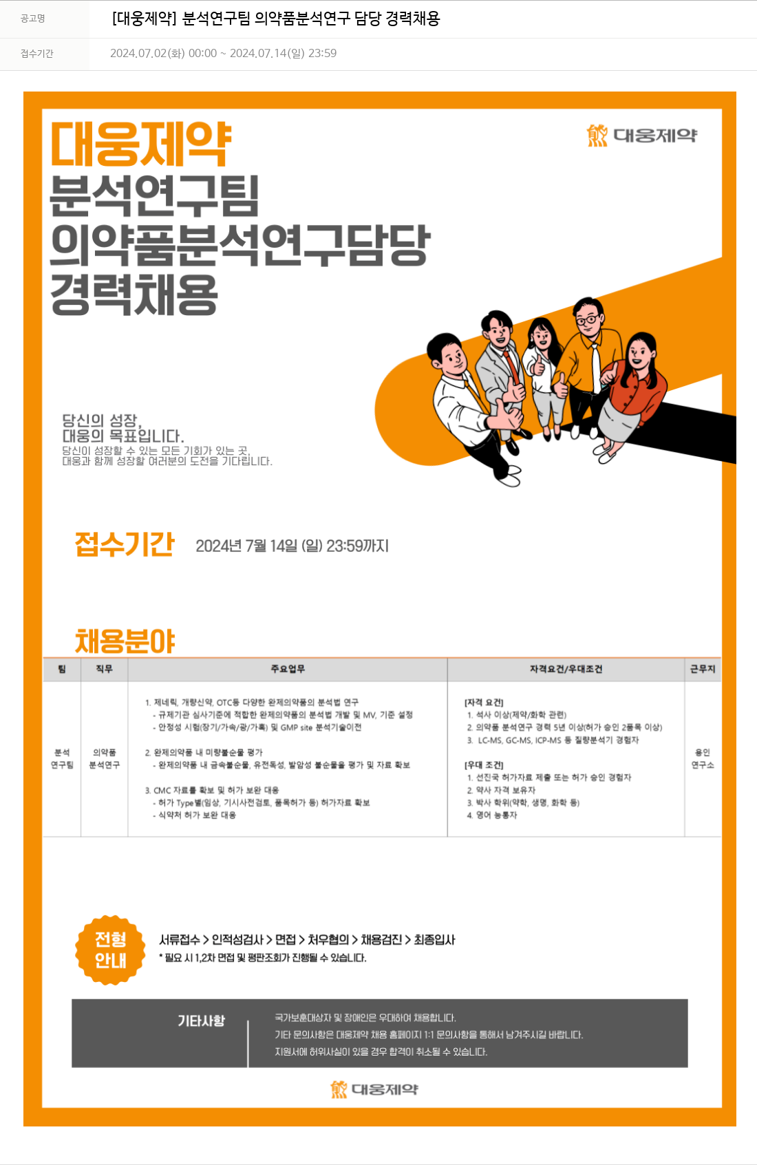 대웅제약 [대웅제약] 분석연구팀 의약품 분석 연구 담당 경력 채용 채용공고