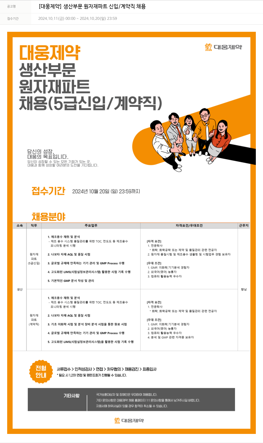 대웅제약 [대웅제약] 생산 부문 원자재 파트 신입/계약직 채용 채용공고