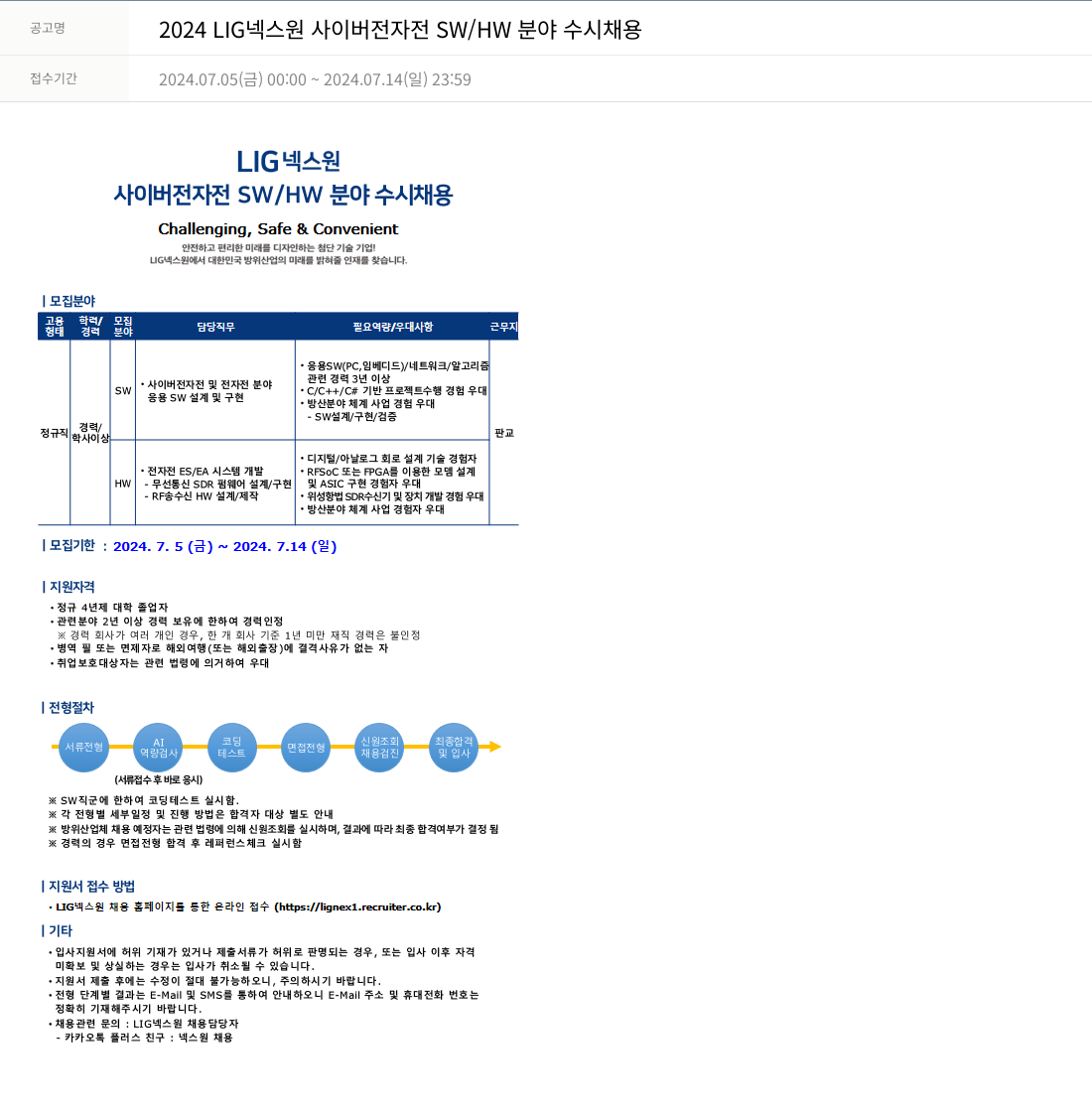 엘아이지디펜스앤에어로스페이스 2024 LIG 넥스원 사이버 전자전 SW / HW 분야 수시 채용 채용공고