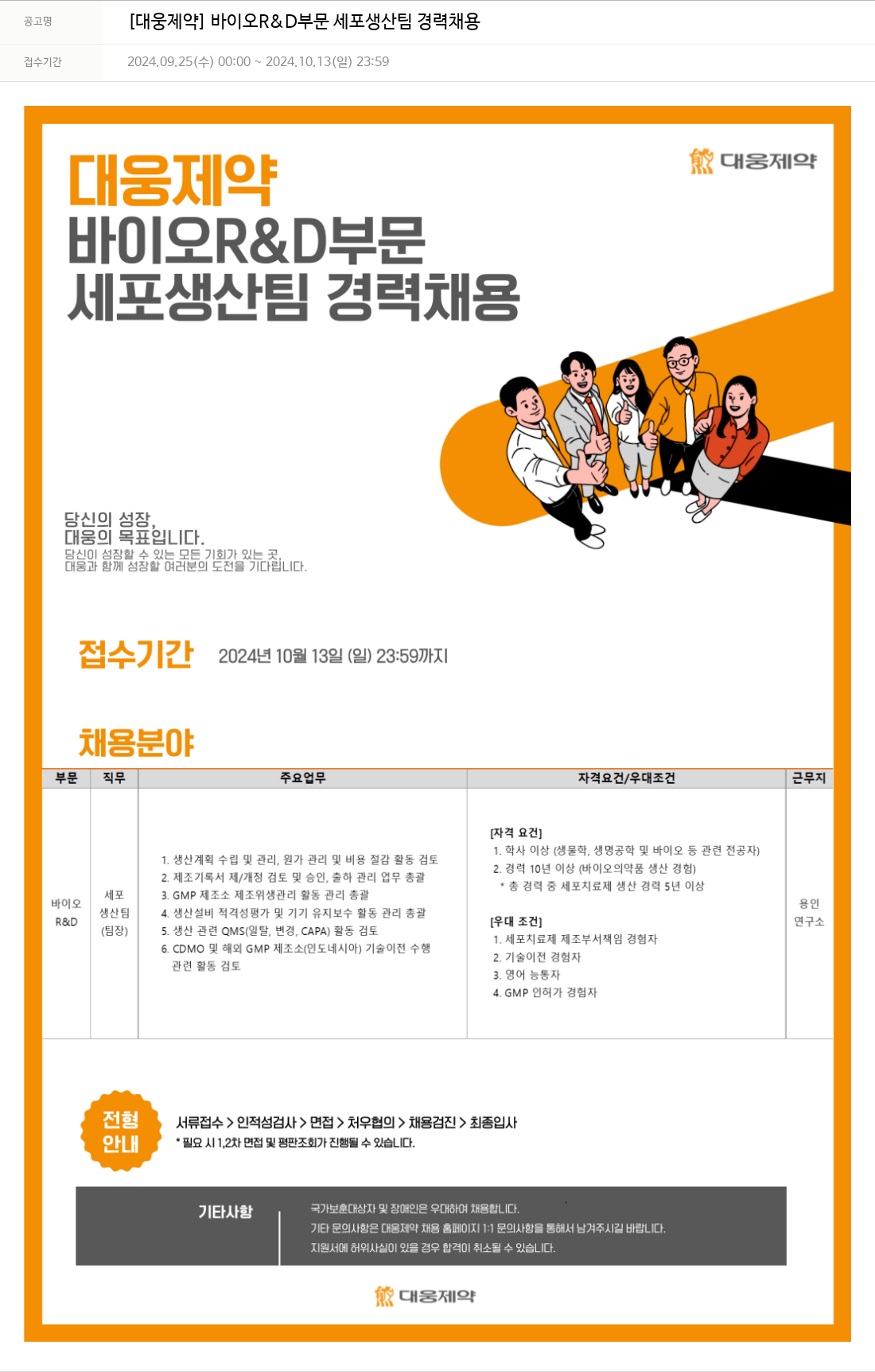 대웅제약 [대웅제약] 바이오 R&D 부문 세포 생산팀 경력 채용 채용공고