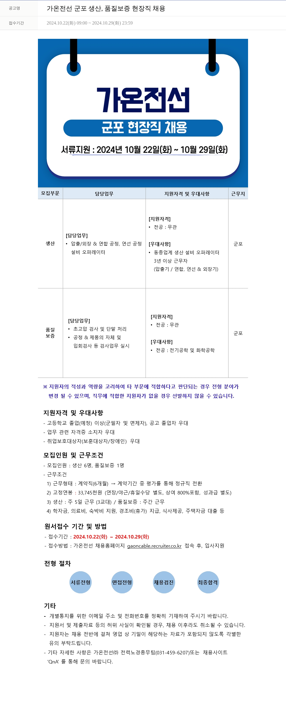 가온전선 가온 전선 군포 생산, 품질 보증 현장직 채용 채용공고