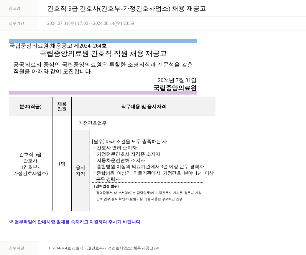 국립중앙의료원 간호직 5급 간호사(간호부-가정간호사업소) 채용 재공고 채용공고