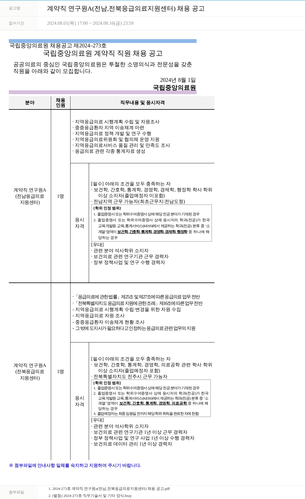 국립중앙의료원 계약직 연구원 A (전남, 전북 응급의료지원센터) 채용 공고 채용공고