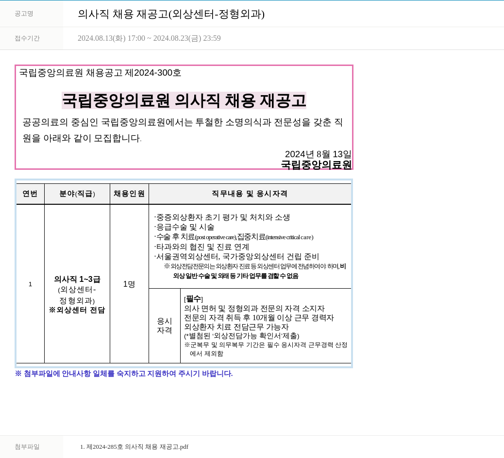 국립중앙의료원 의사직 채용 재공고 (외상센터 - 정형외과) 채용공고