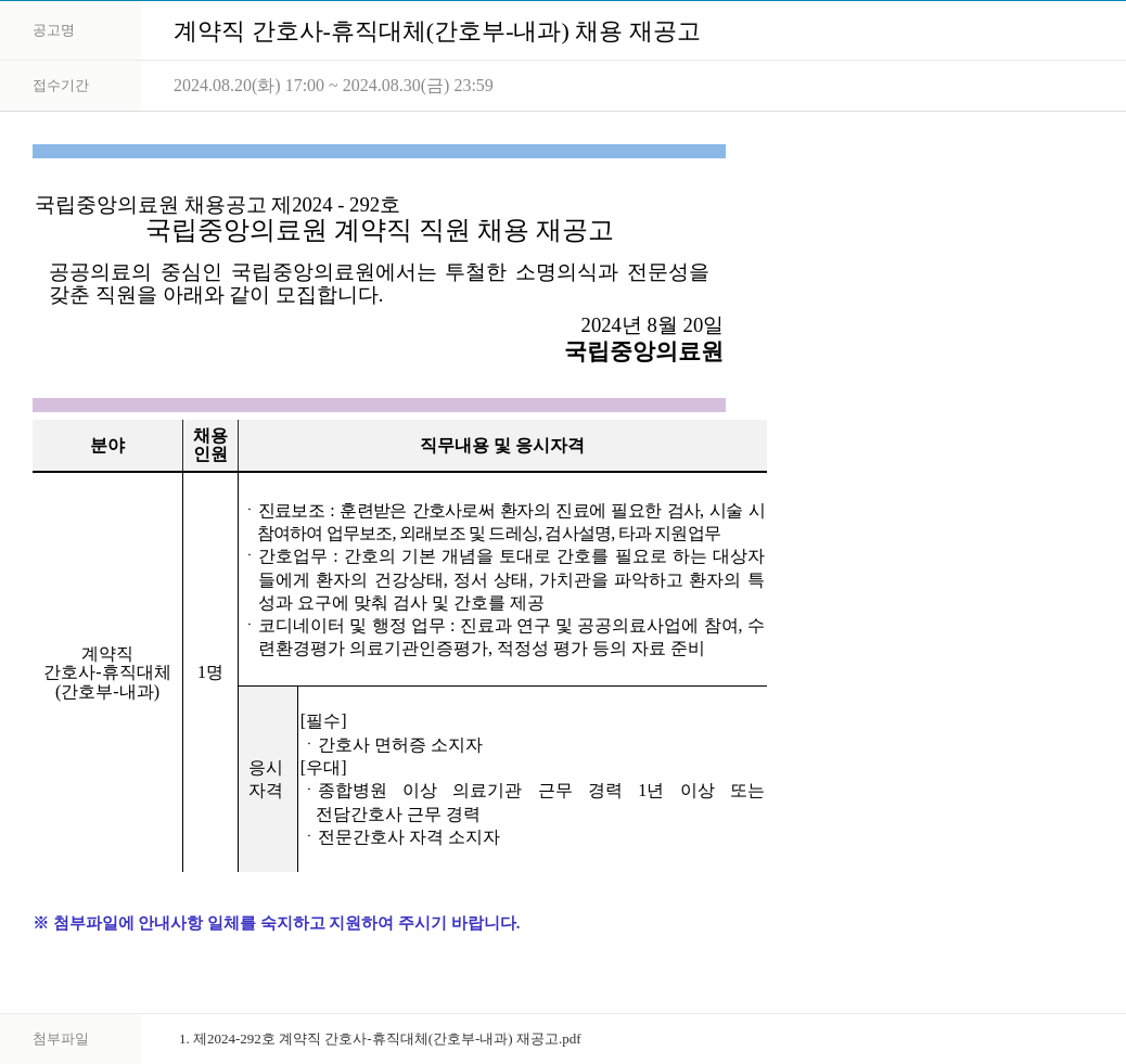 국립중앙의료원 계약직 간호사 - 휴직 대체 (간호부 - 내과) 채용 재공고 채용공고