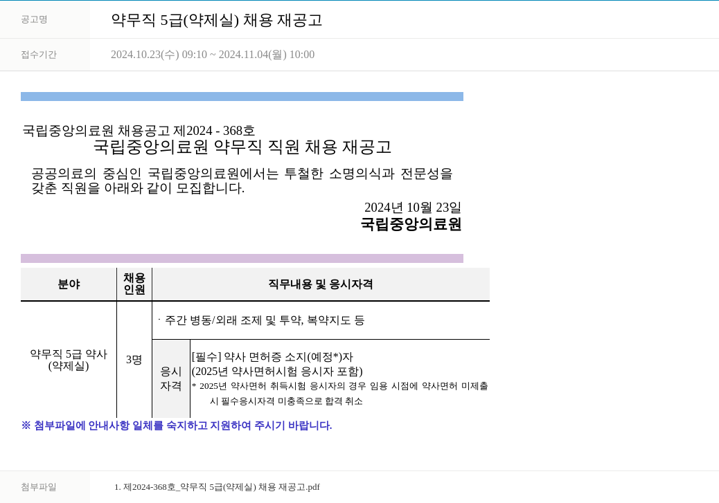 국립중앙의료원 약무직 5급(약제실) 채용 재공고 채용공고