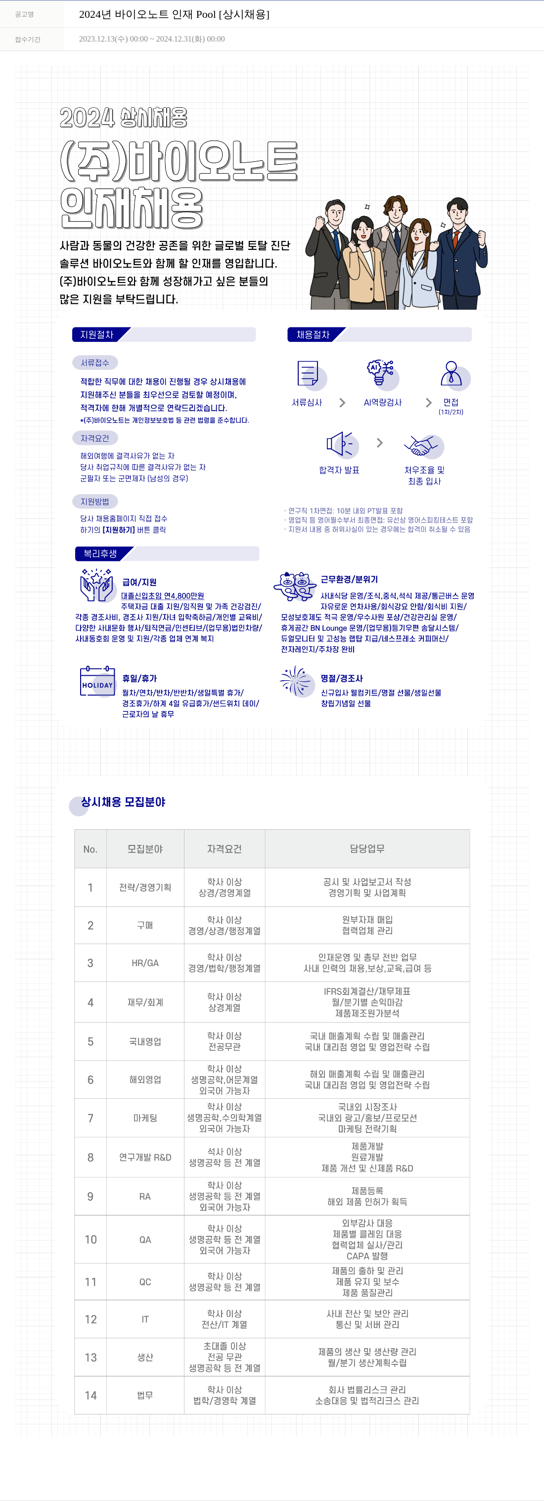 바이오노트 2024년 바이오노트 인재 Pool [상시 채용] 채용공고