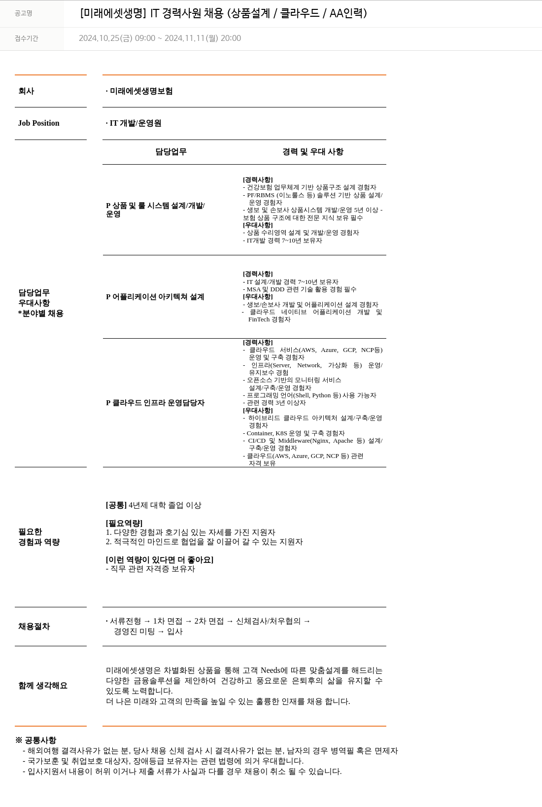 미래에셋생명 [미래에셋 생명] IT 경력 사원 채용 (상품 설계 / 클라우드 / AA 인력) 채용공고