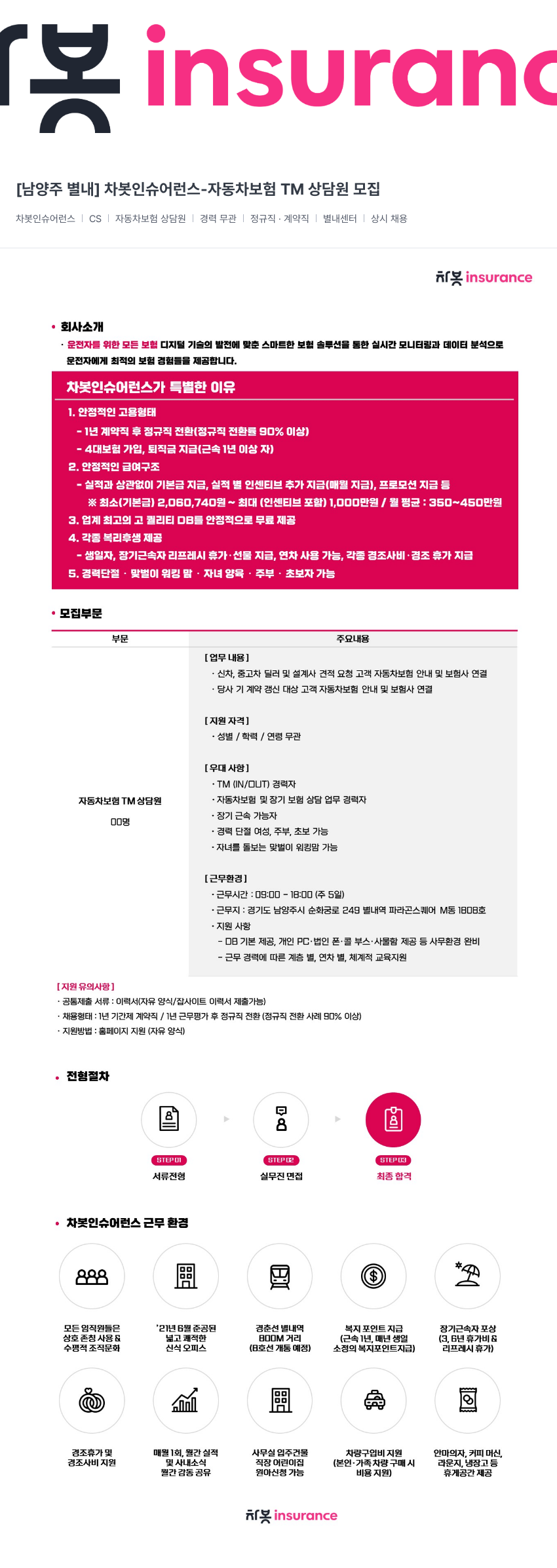 차봇모빌리티 [남양주 별내] 차봇 인슈어런스 - 자동차 보험 TM 상담원 모집 채용공고