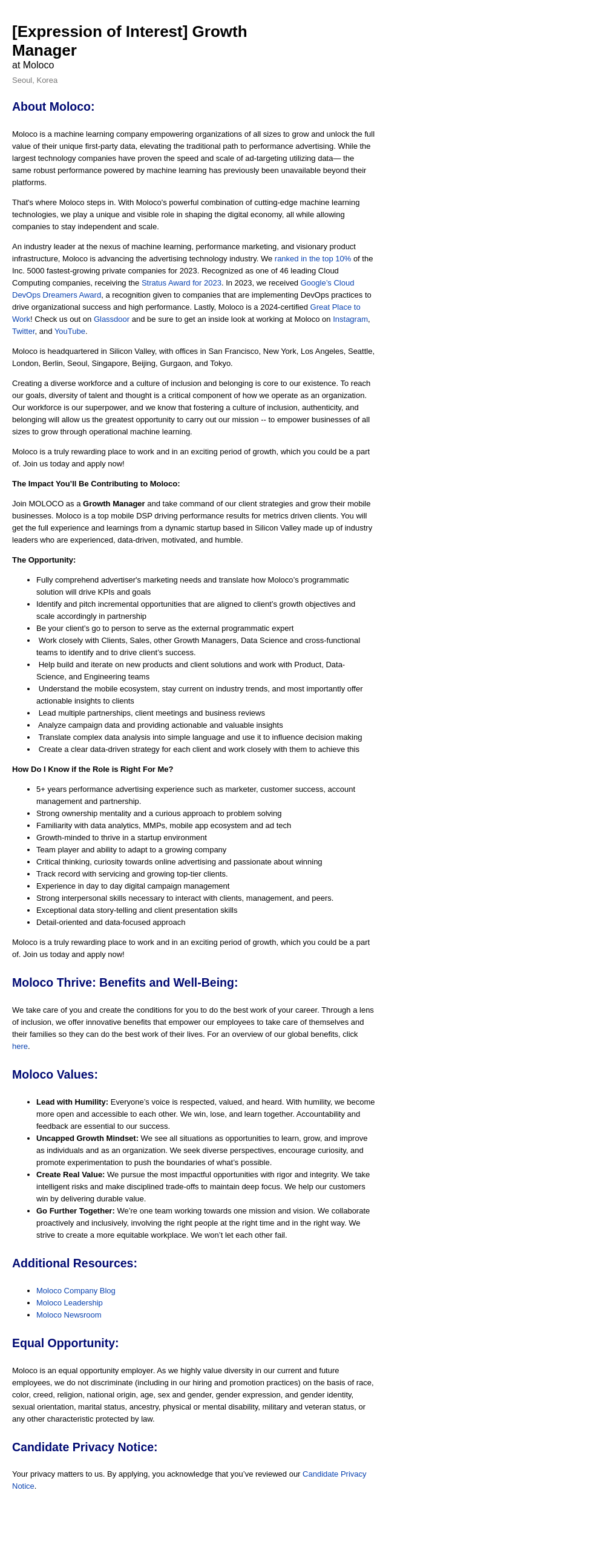 몰로코 [Expression of Interest] Growth Manager at Moloco 채용공고