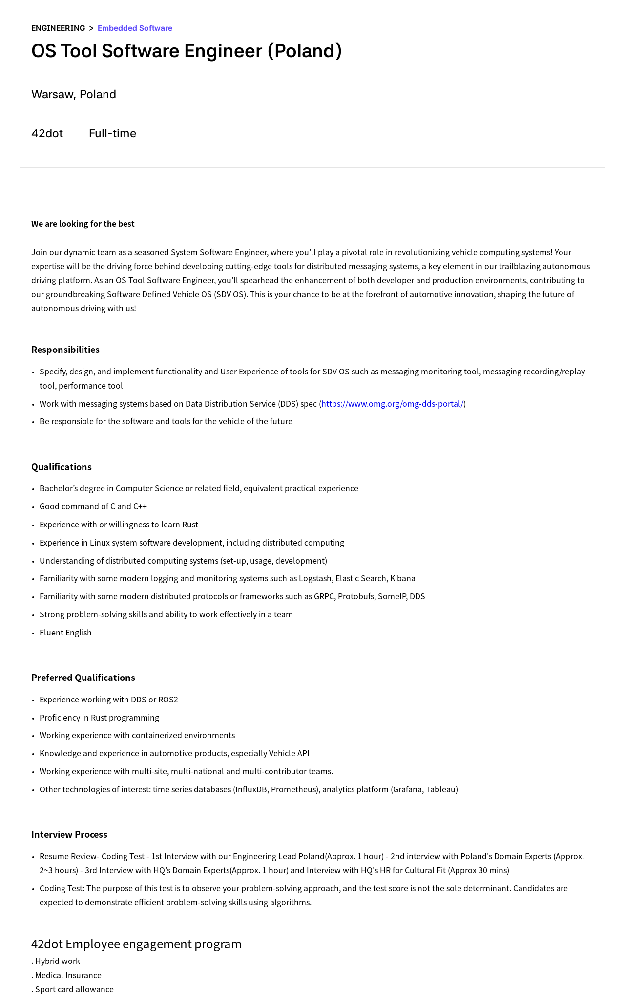 42dot OS Tool Software Engineer (Poland) 채용공고