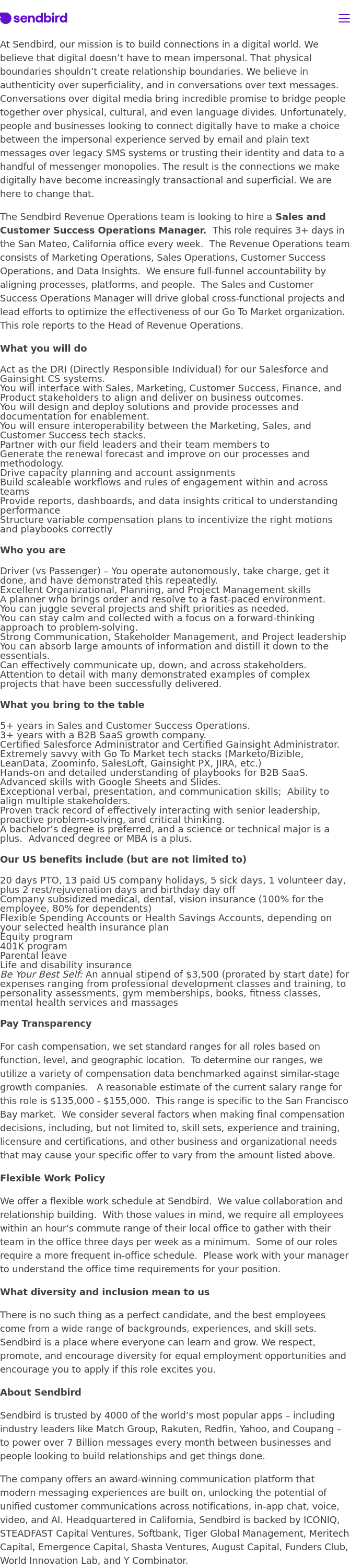 센드버드 Sales and Customer Success Operations Manager 채용 채용공고