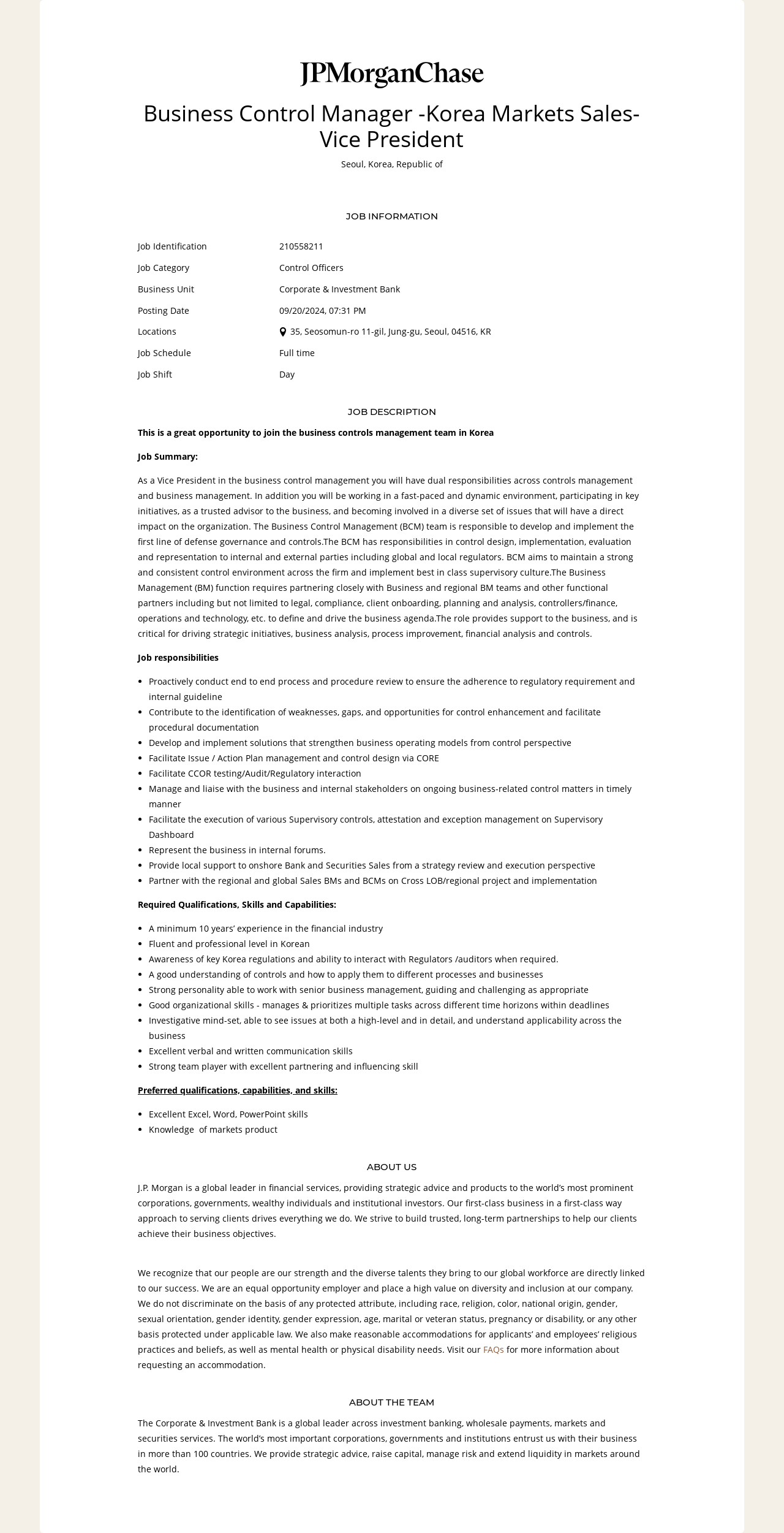 JPMorganChase Business Control Manager - Korea Markets Sales - Vice President 채용공고