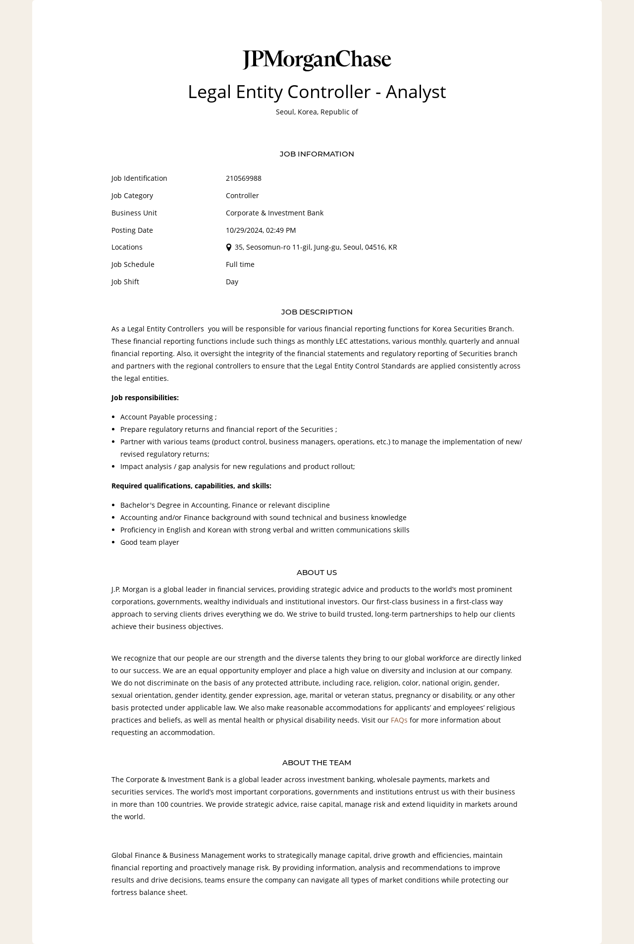 JPMorganChase Legal Entity Controller - Analyst 채용공고