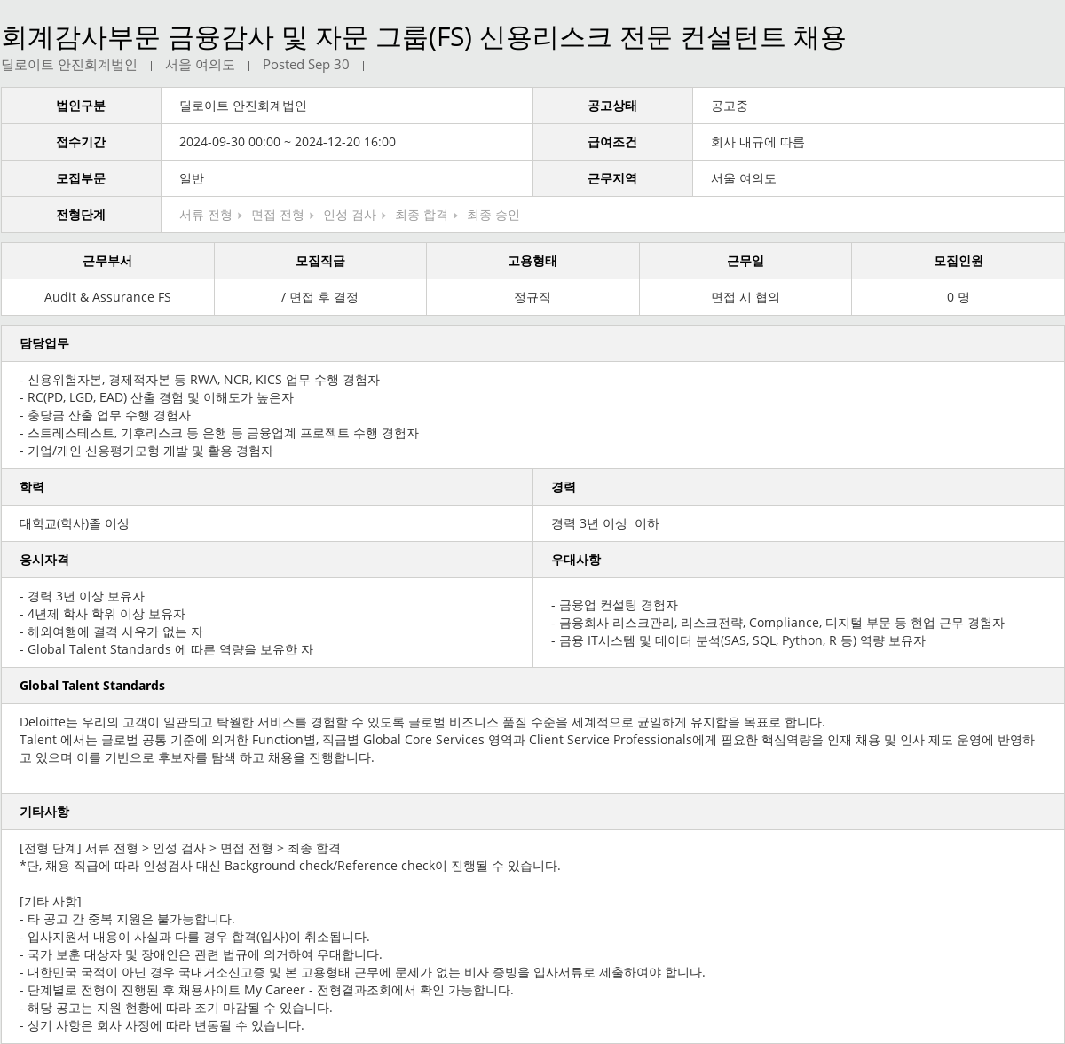 딜로이트안진 회계 감사 부문 금융 감사 및 자문 그룹 (FS) 신용 리스크 전문 컨설턴트 채용 채용공고