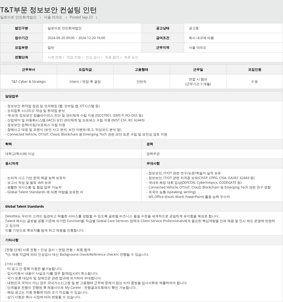 딜로이트안진 T & T 부문 정보 보안 컨설팅 인턴 채용공고