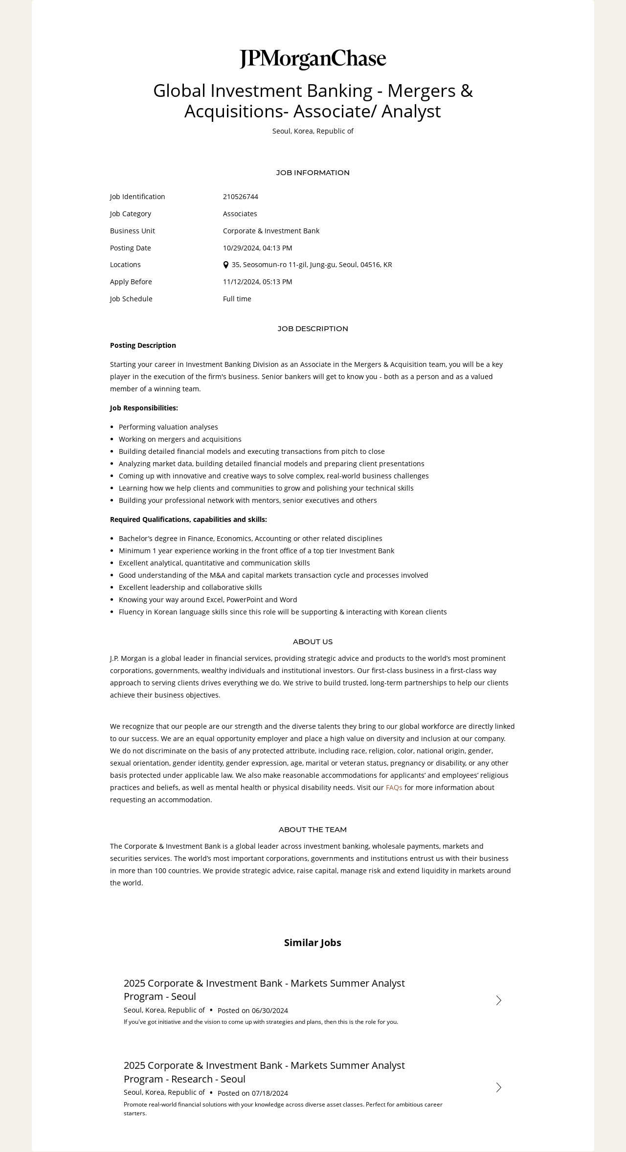 JPMorganChase Global Investment Banking - Mergers & Acquisitions - Associate / Analyst 채용공고