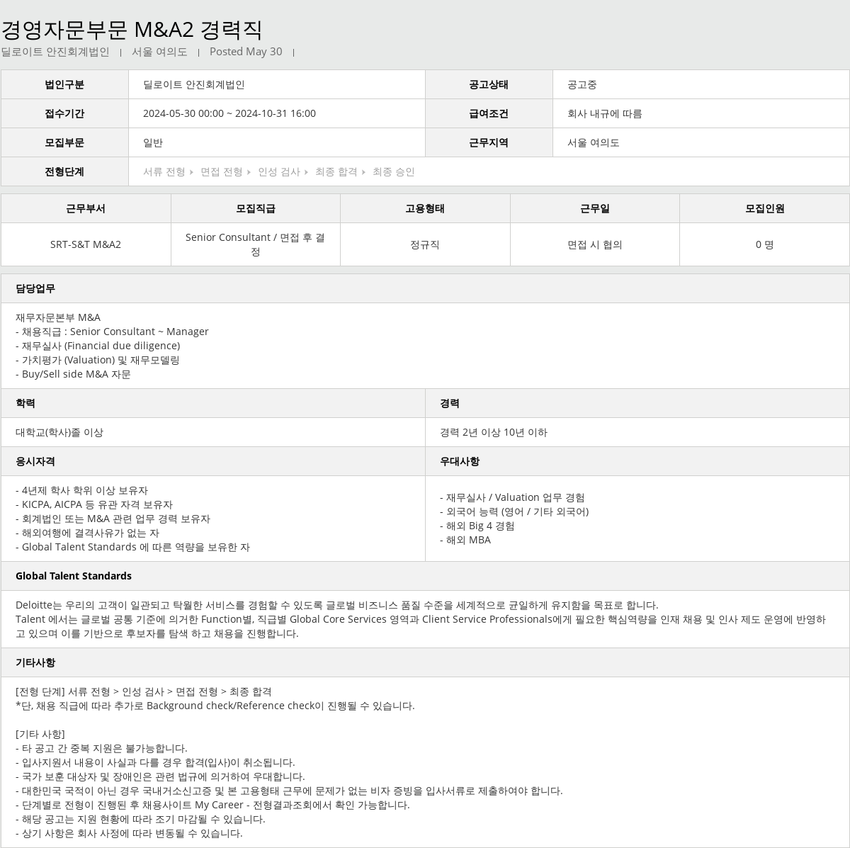 딜로이트안진 경영 자문 부문 M & A2 경력직 채용공고