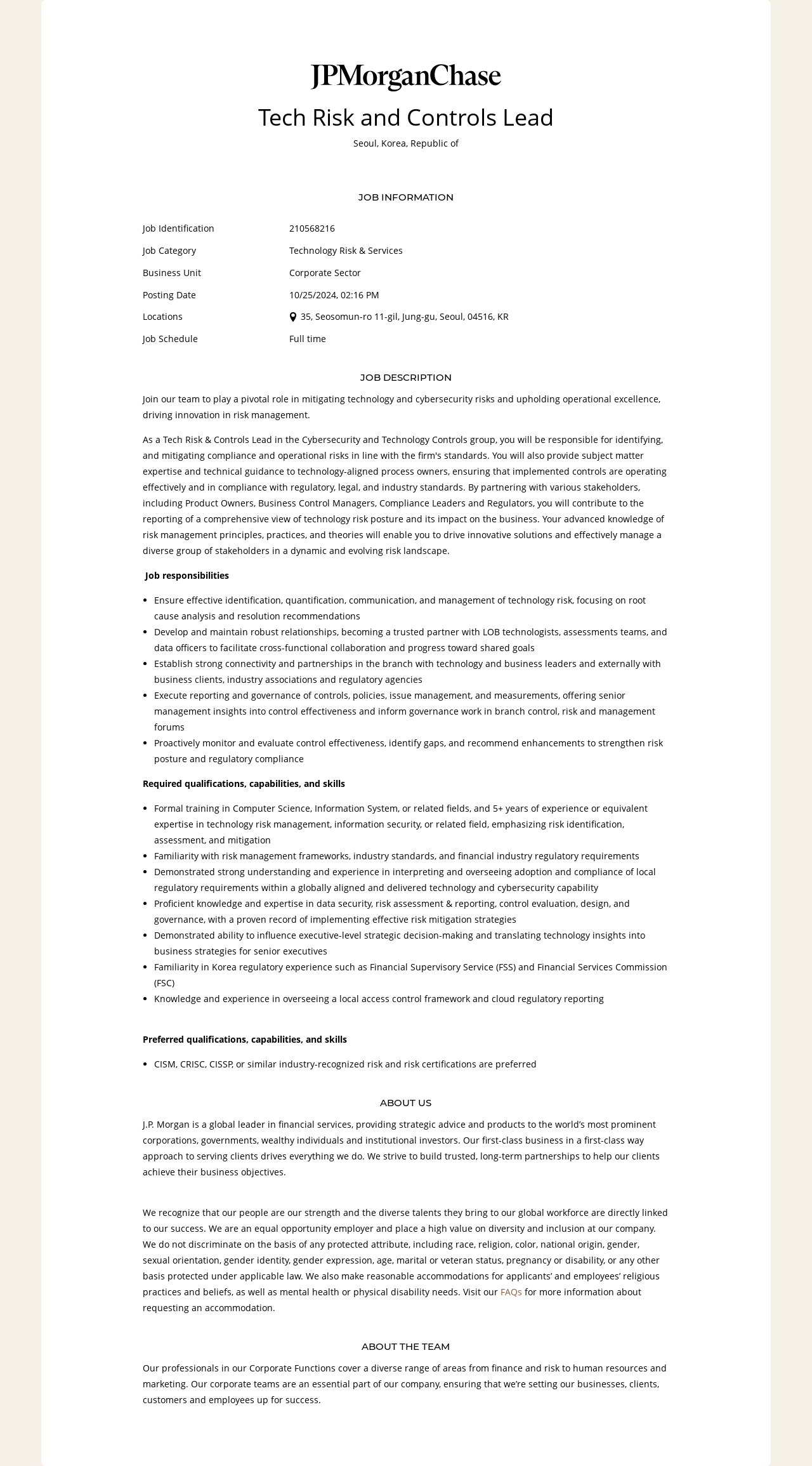 JPMorganChase Tech Risk and Controls Lead 채용공고