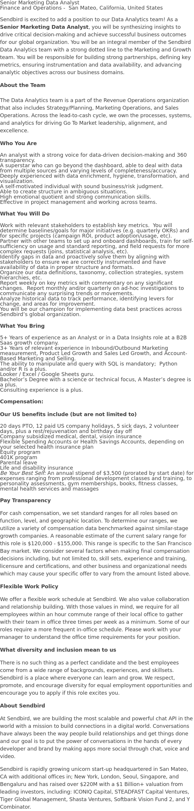 센드버드 Senior Marketing Data Analyst 채용공고