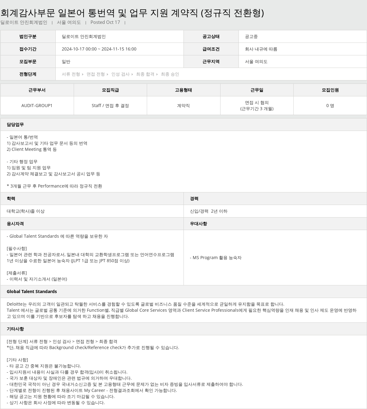 딜로이트안진 회계 감사 부문 일본어 통번역 및 업무 지원 계약직 (정규직 전환형) 채용공고