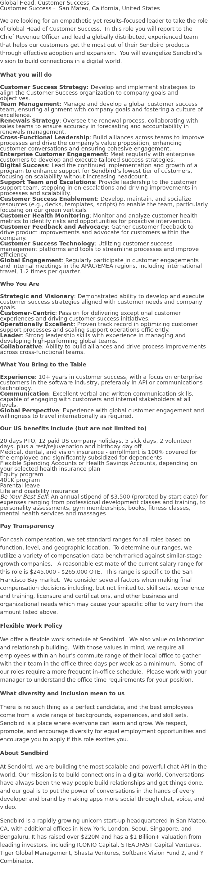 센드버드 Global Head, Customer Success 채용공고