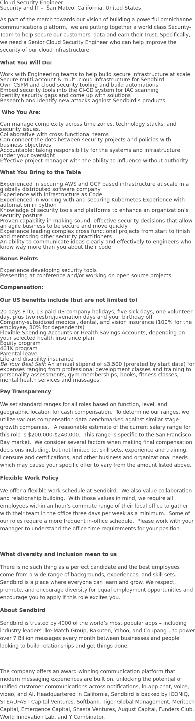 센드버드 Cloud Security Engineer 채용공고