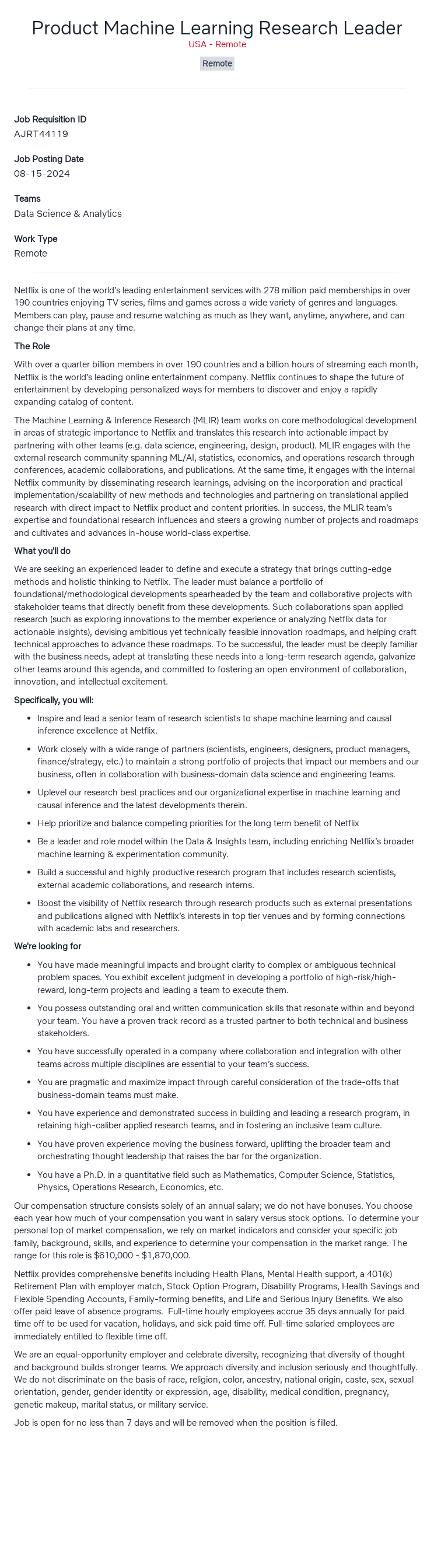 넷플릭스 Product Machine Learning Research Leader 채용공고