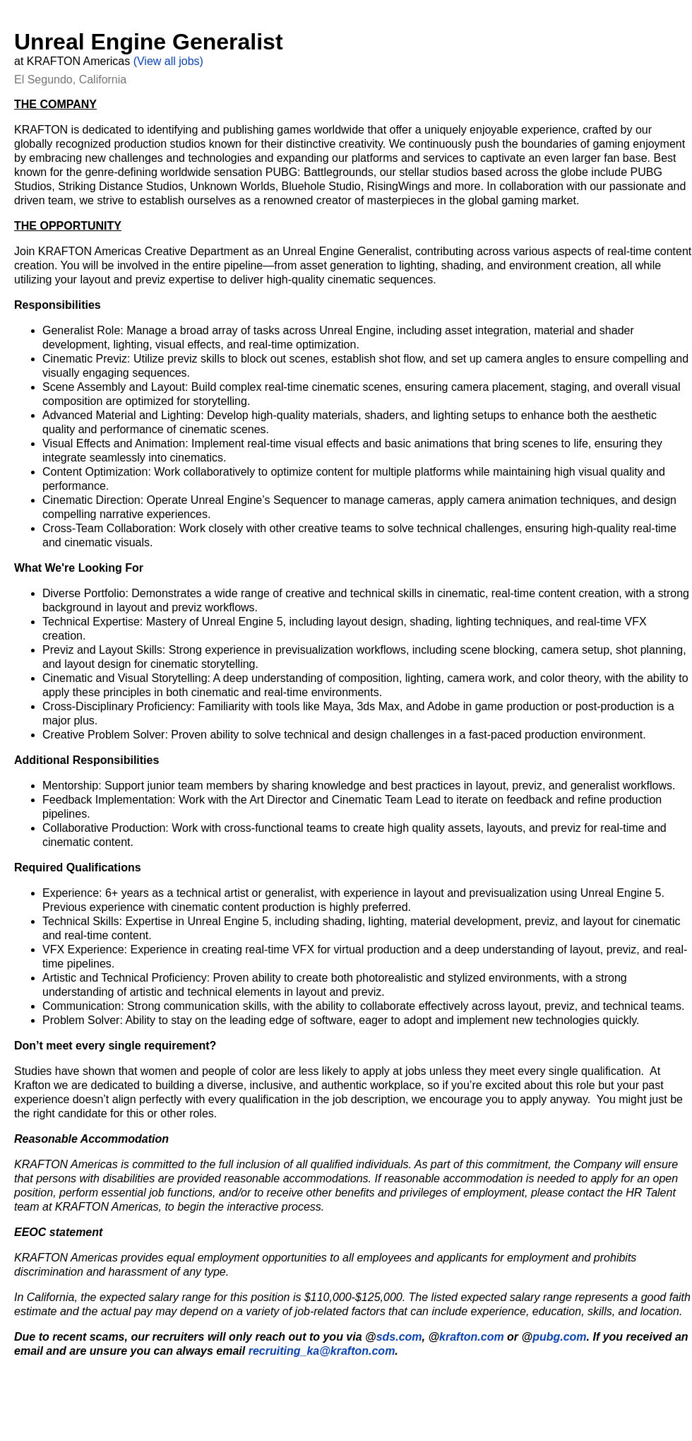 크래프톤 Unreal Engine Generalist 채용공고