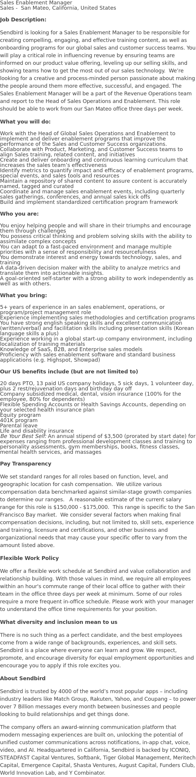 센드버드 Sales Enablement Manager 채용공고
