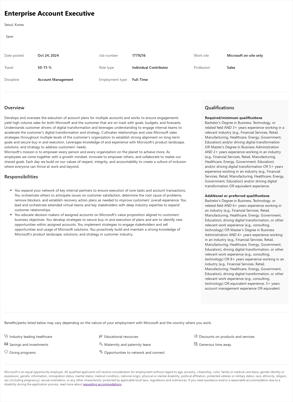 마이크로소프트(Microsoft) Enterprise Account Executive 채용공고
