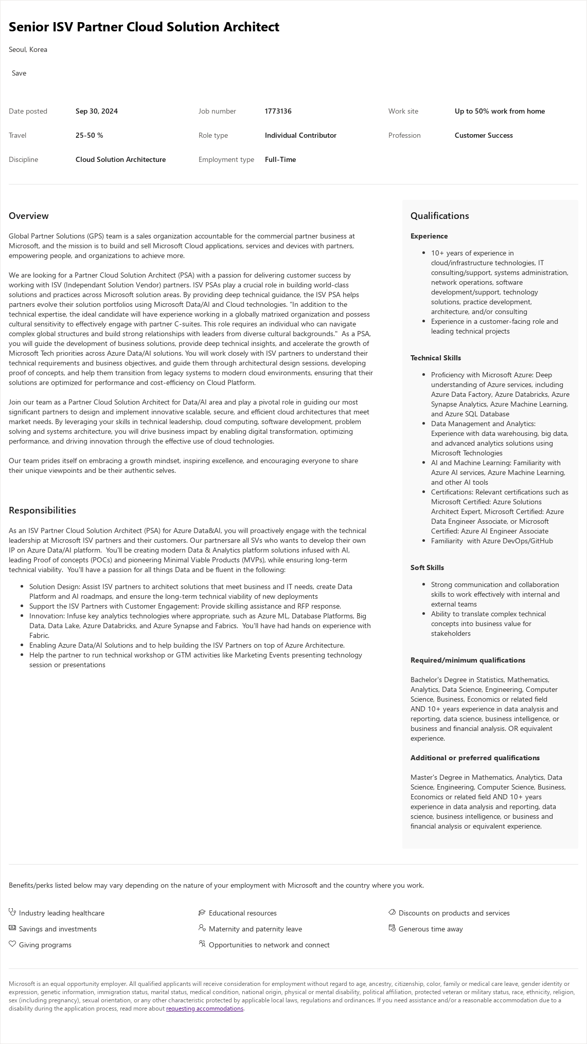 마이크로소프트(Microsoft) Senior ISV Partner Cloud Solution Architect 채용공고