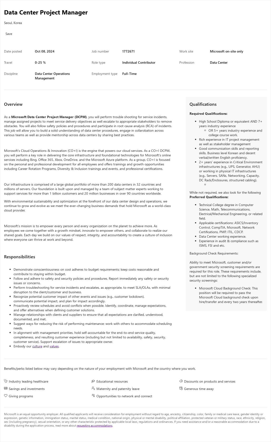 마이크로소프트(Microsoft) Data Center Project Manager 채용공고