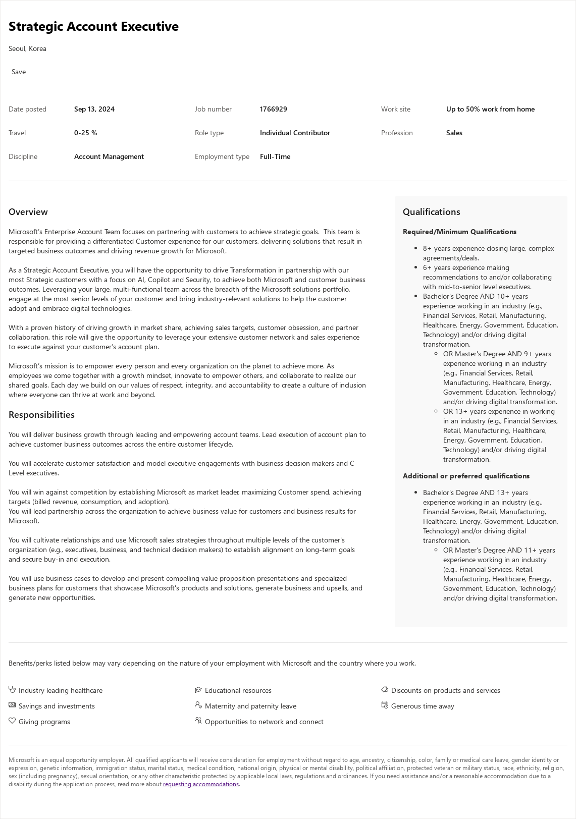 마이크로소프트(Microsoft) Strategic Account Executive 채용공고