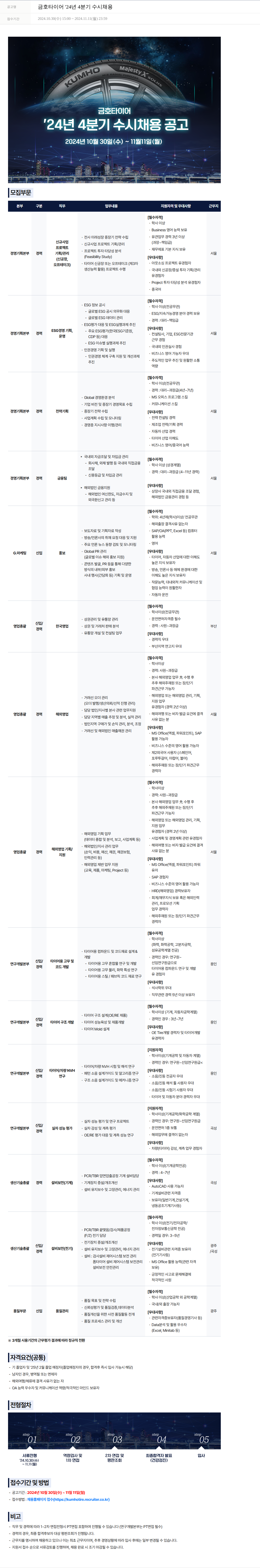 금호타이어 '24년 4분기 수시 채용 채용공고