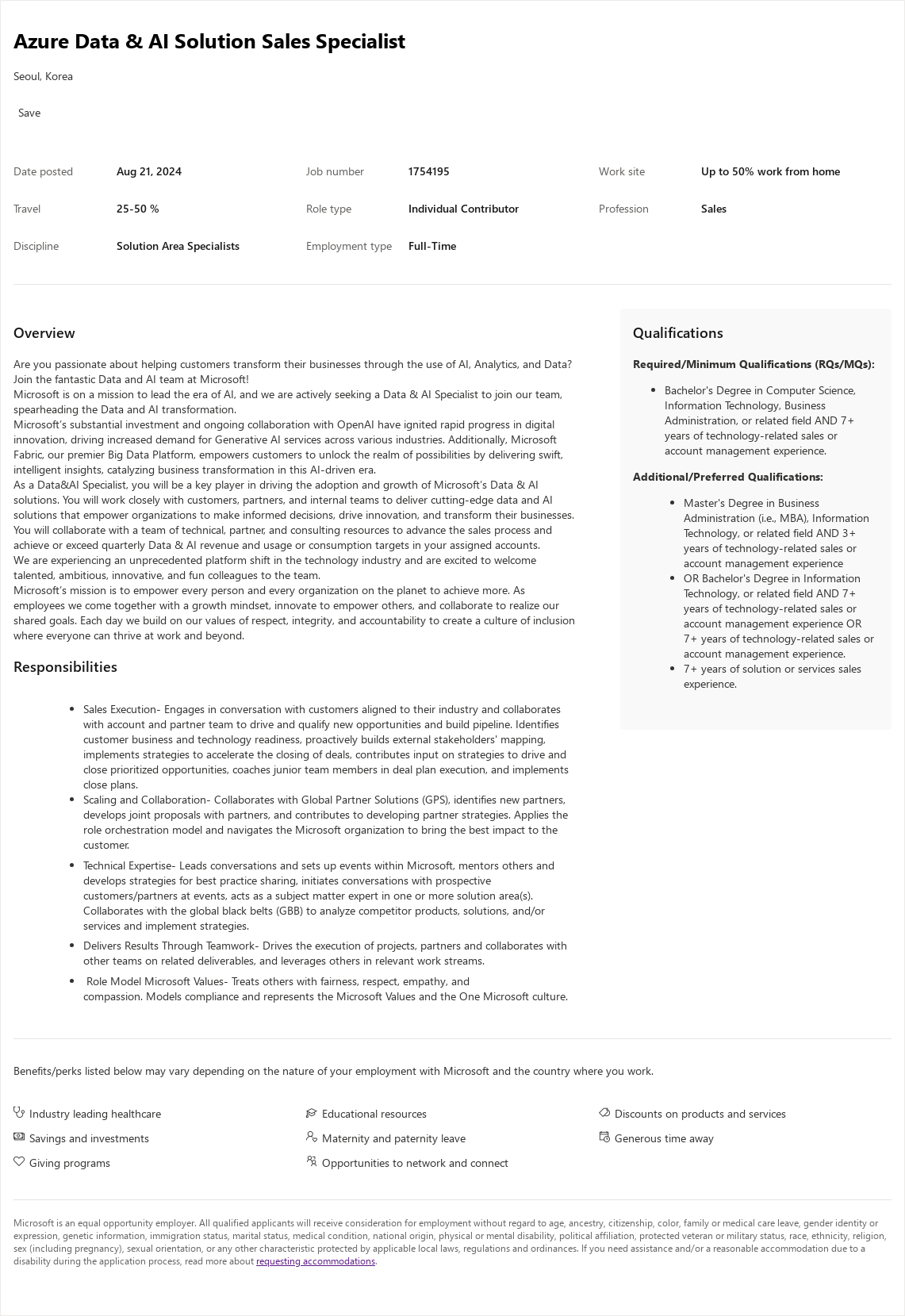 마이크로소프트(Microsoft) Azure Data & AI Solution Sales Specialist 채용공고